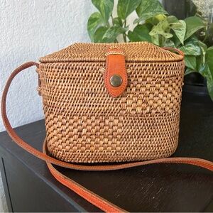 Ata Vine Handwoven Rattan Crossbody Bag with Leather Strap